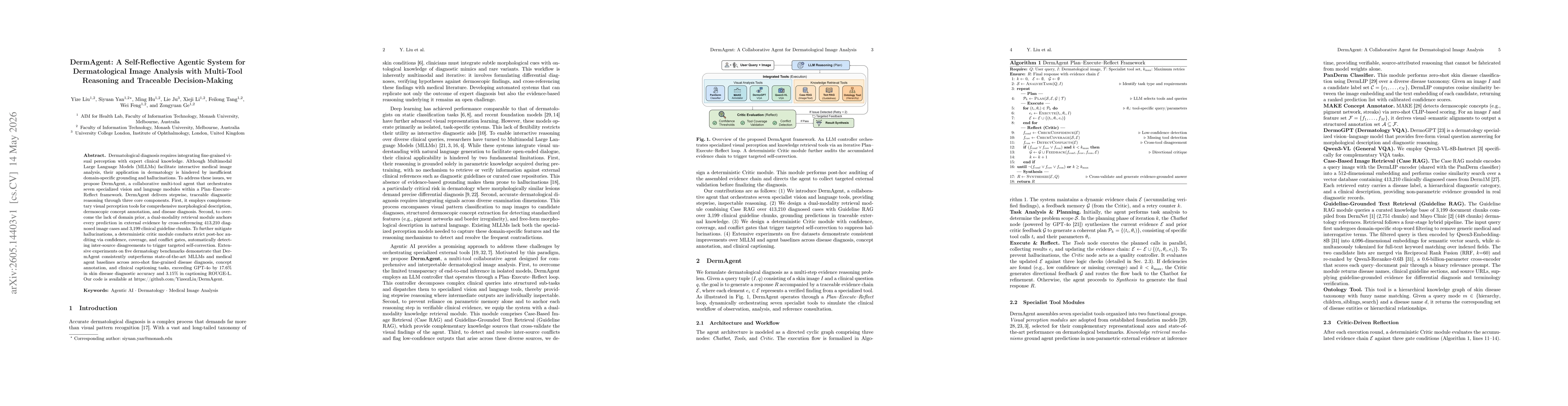 Thumbnail for DermAgent: A Self-Reflective Agentic System for Dermatological Image Analysis with Multi-Tool Reasoning and Traceable Decision-Making