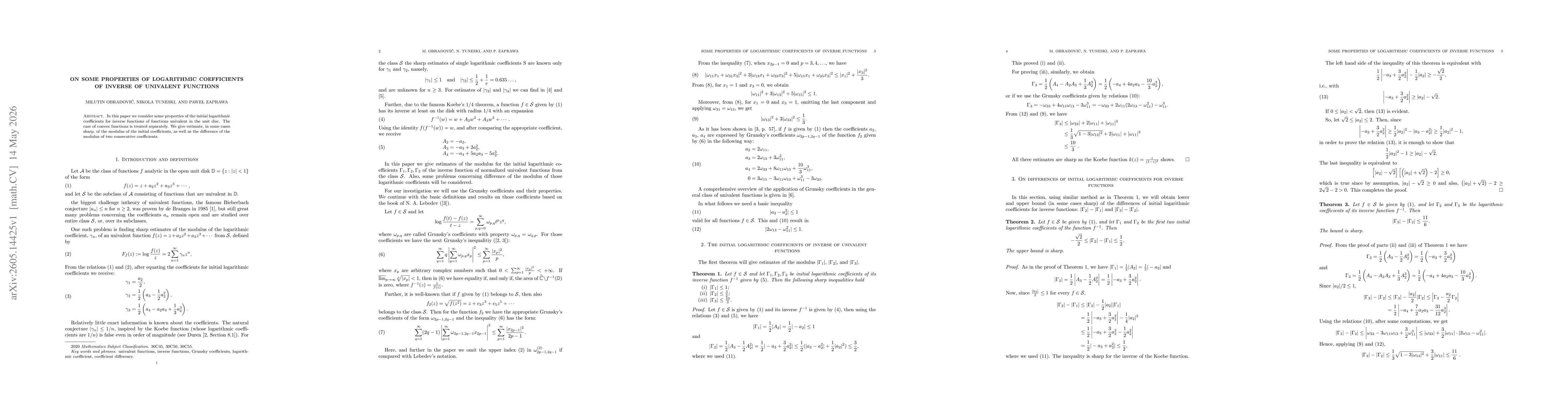 Thumbnail for On some properties of logarithmic coefficients of inverse of univalent functions