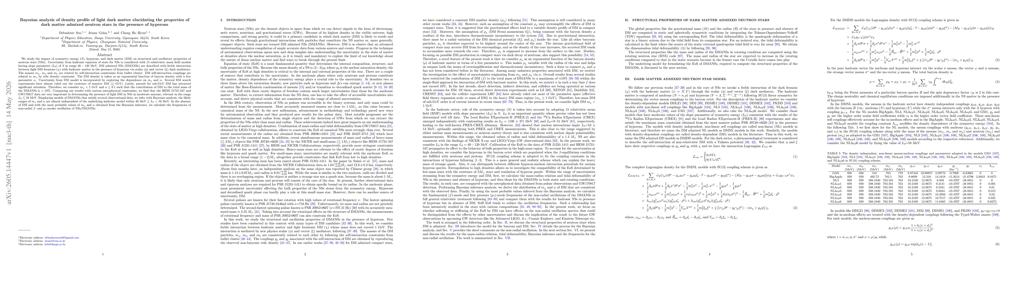 Thumbnail for Bayesian analysis of density profile of light dark matter elucidating the properties of dark matter admixed neutron stars in the presence of hyperons