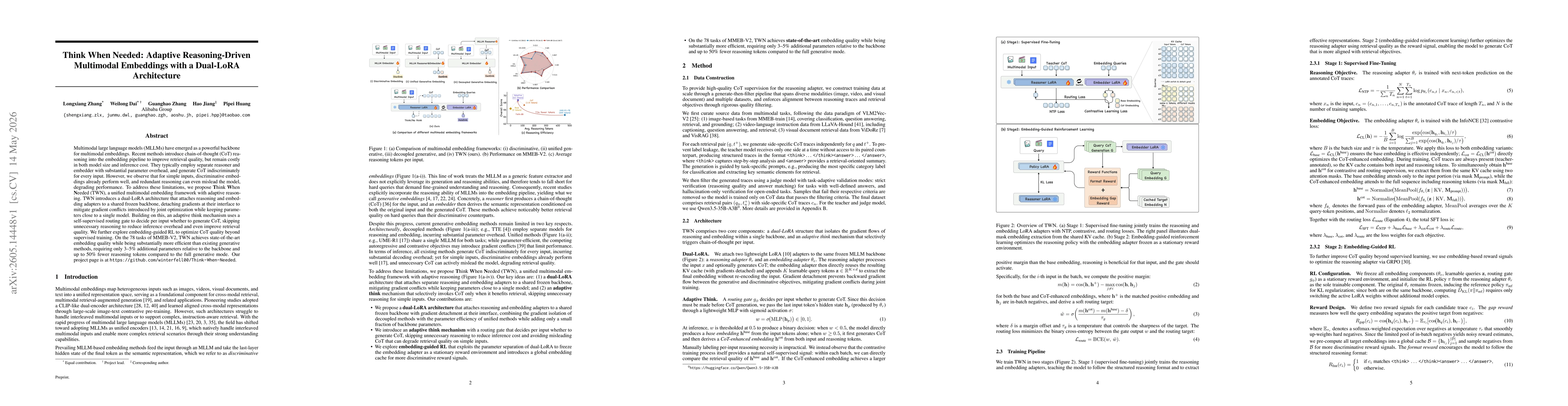 Thumbnail for Think When Needed: Adaptive Reasoning-Driven Multimodal Embeddings with a Dual-LoRA Architecture