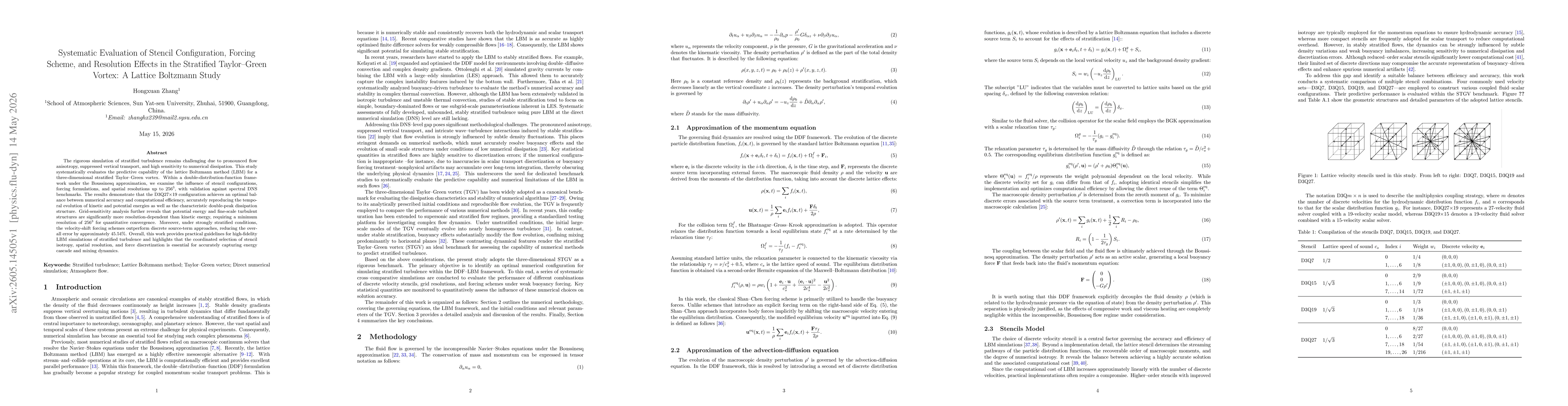 Thumbnail for Systematic Evaluation of Stencil Configuration, Forcing Scheme, and Resolution Effects in the Stratified Taylor--Green Vortex: A Lattice Boltzmann Study
