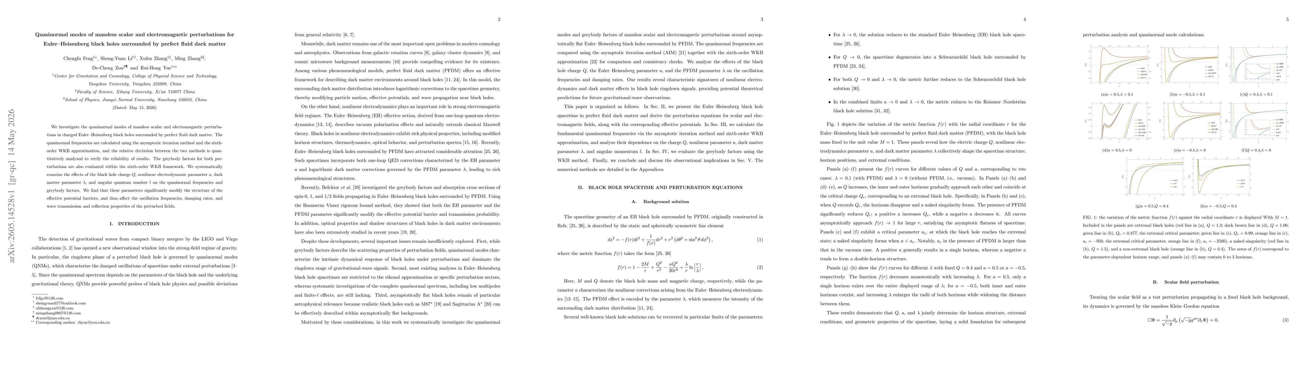 Thumbnail for Quasinormal modes of massless scalar and electromagnetic perturbations for Euler Heisenberg black holes surrounded by perfect fluid dark matter