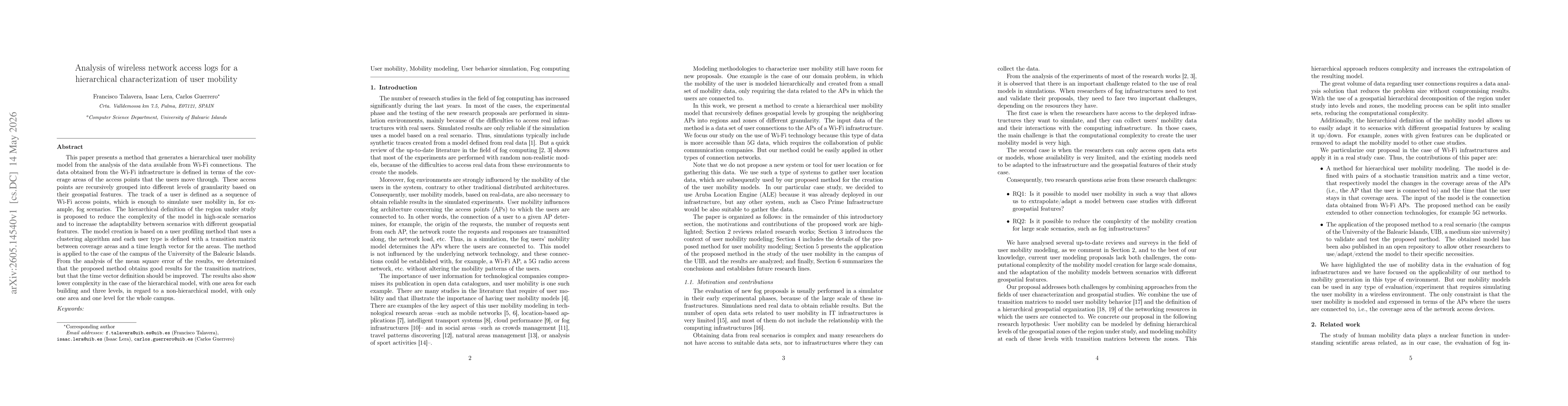 Thumbnail for Analysis of wireless network access logs for a hierarchical characterization of user mobility