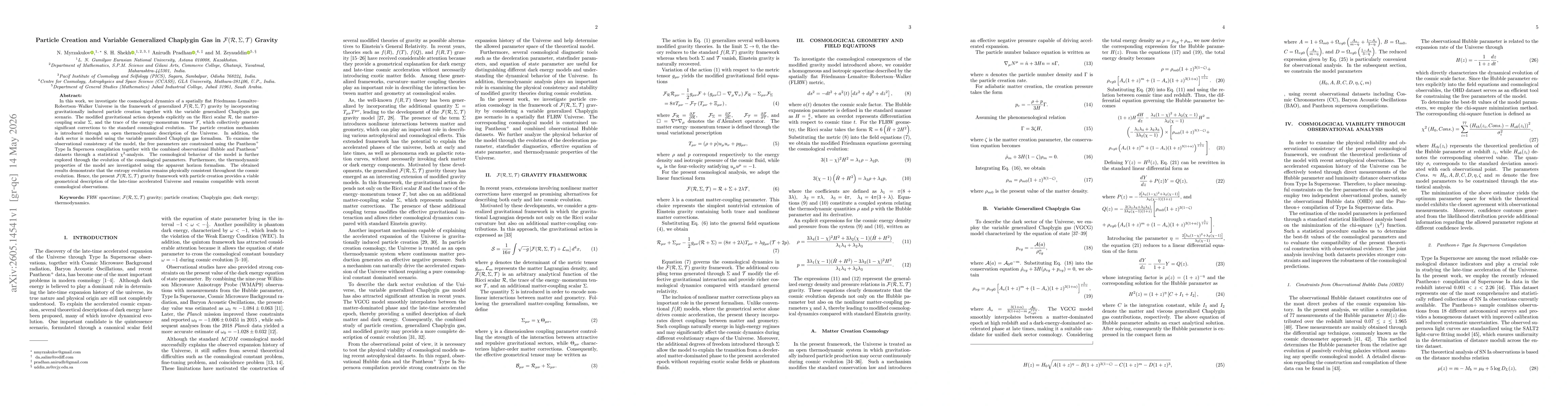 Thumbnail for Particle Creation and Variable Generalized Chaplygin Gas in $\mathcal{F}(\mathcal{R},Σ,\mathcal{T})$ Gravity