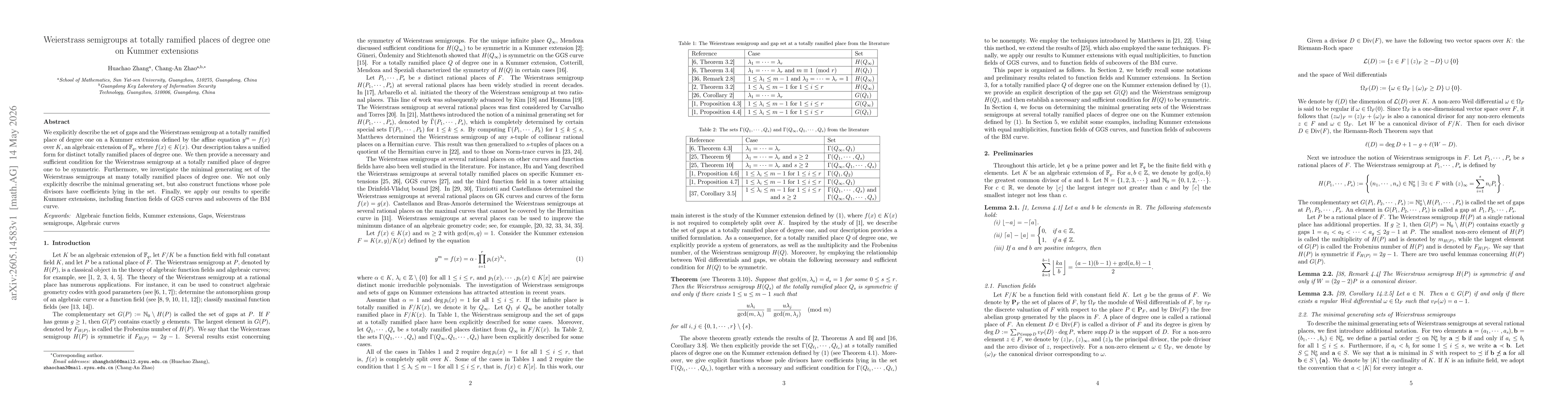 Thumbnail for Weierstrass semigroups at totally ramified places of degree one on Kummer extensions