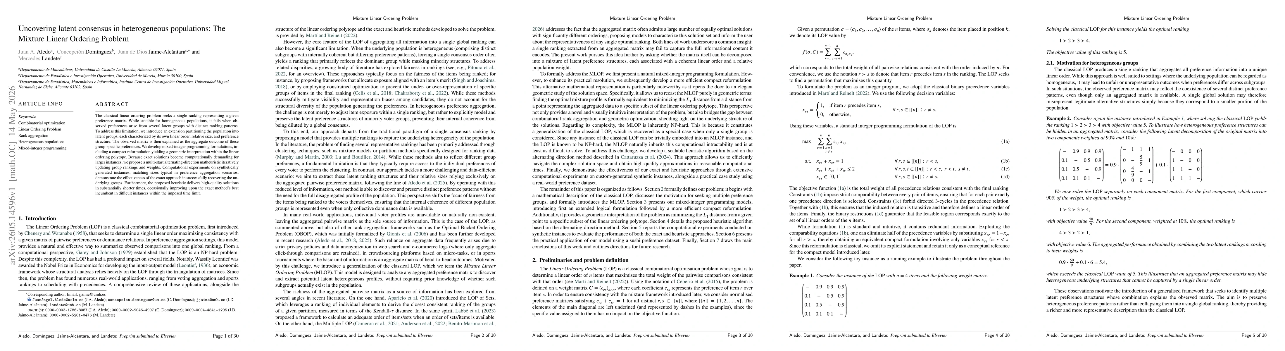 Thumbnail for Uncovering latent consensus in heterogeneous populations: The Mixture Linear Ordering Problem