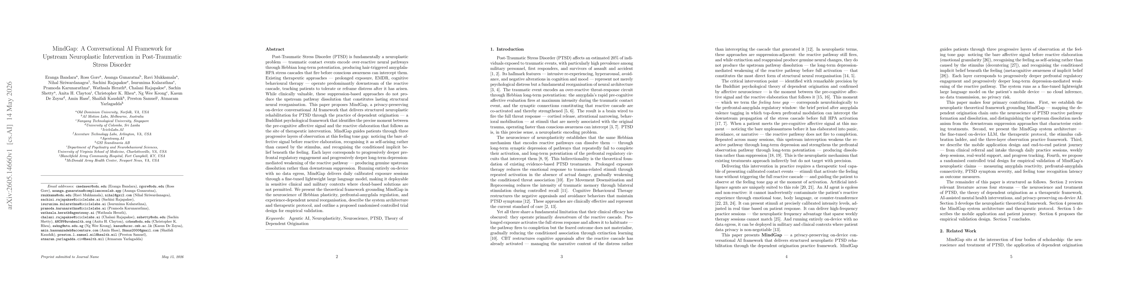 Thumbnail for MindGap: A Conversational AI Framework for Upstream Neuroplastic Intervention in Post-Traumatic Stress Disorder