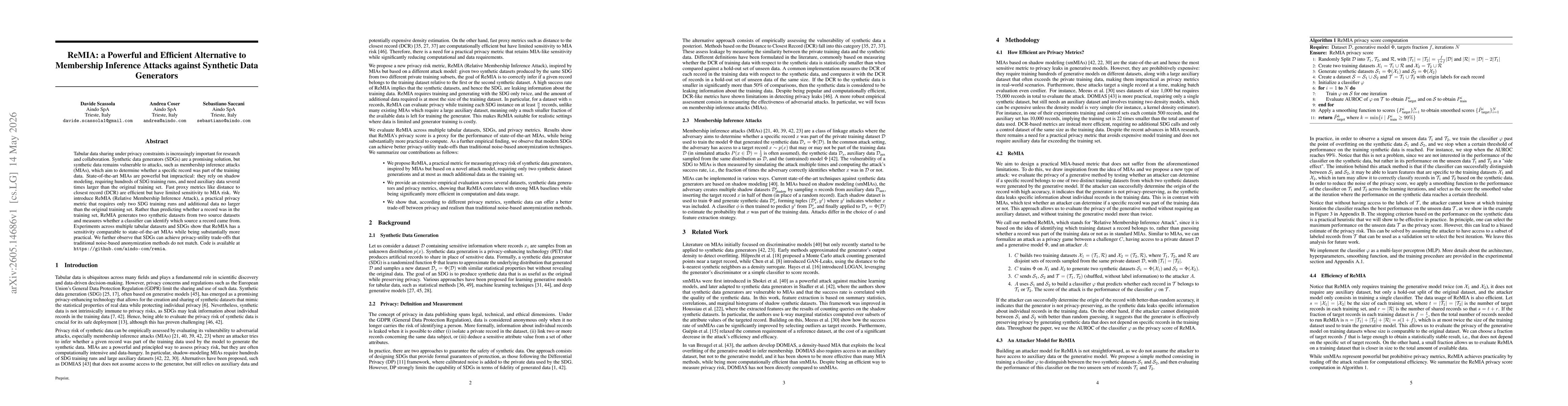 Thumbnail for ReMIA: a Powerful and Efficient Alternative to Membership Inference Attacks against Synthetic Data Generators