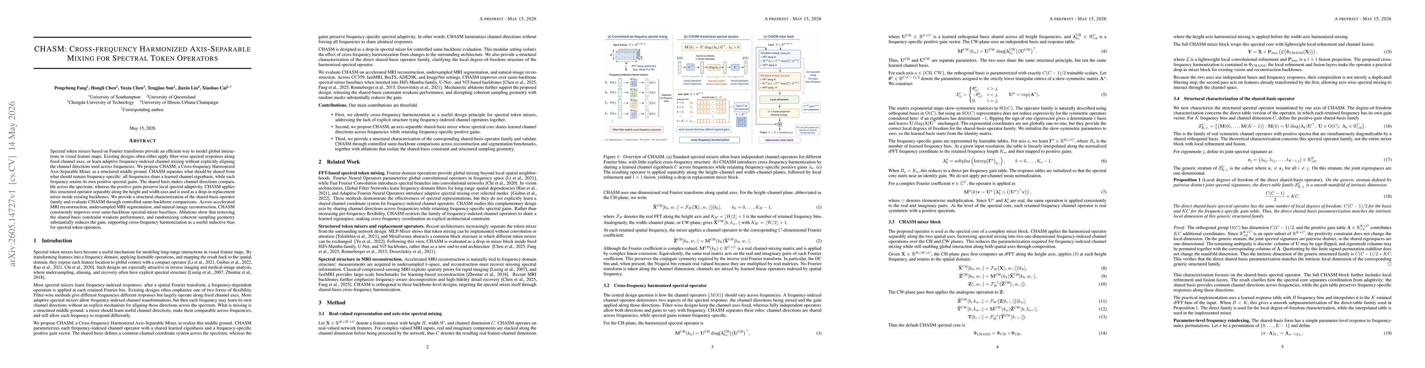 Thumbnail for CHASM: Cross-frequency Harmonized Axis-Separable Mixing for Spectral Token Operators