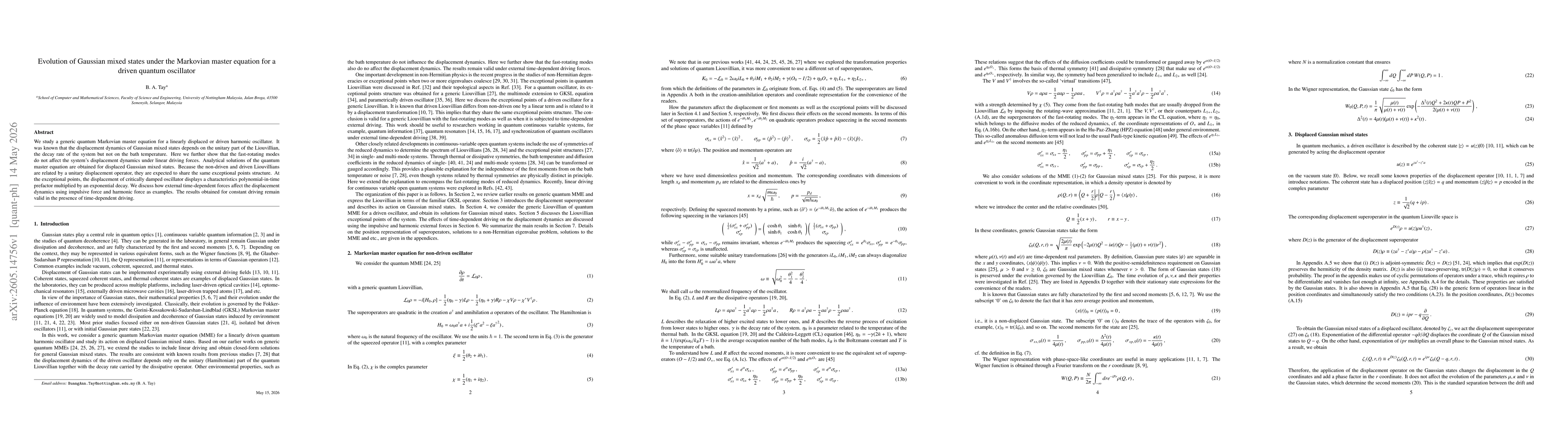 Thumbnail for Evolution of Gaussian mixed states under the Markovian master equation for a driven quantum oscillator