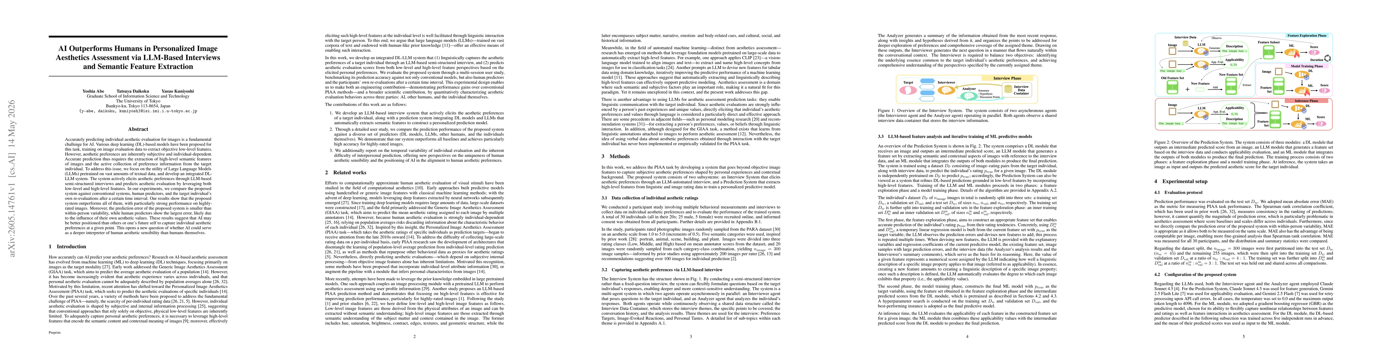 Thumbnail for AI Outperforms Humans in Personalized Image Aesthetics Assessment via LLM-Based Interviews and Semantic Feature Extraction