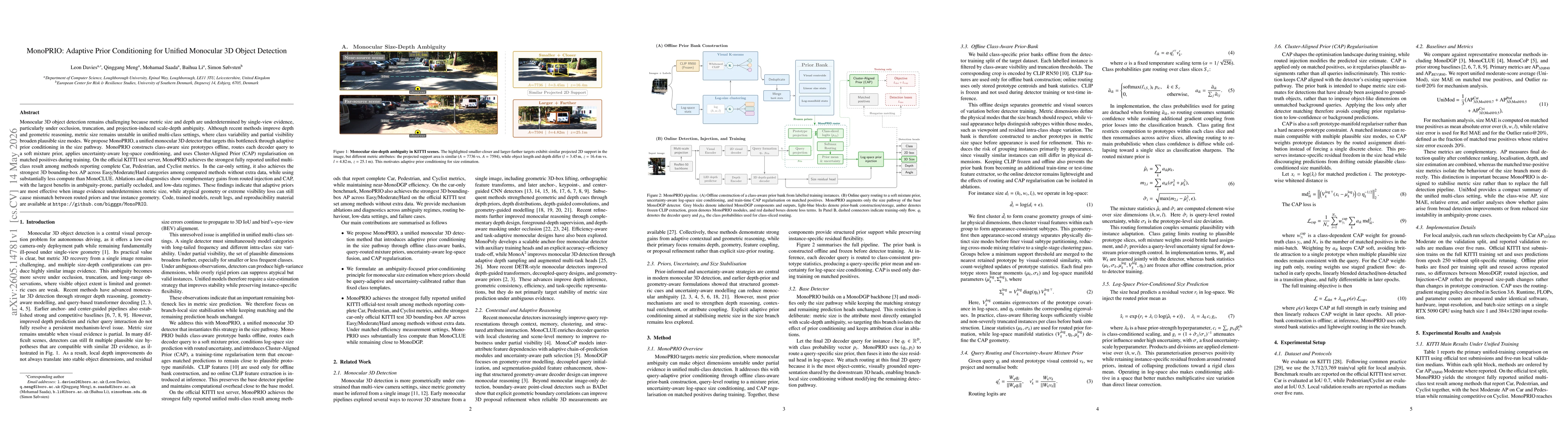 Thumbnail for MonoPRIO: Adaptive Prior Conditioning for Unified Monocular 3D Object Detection