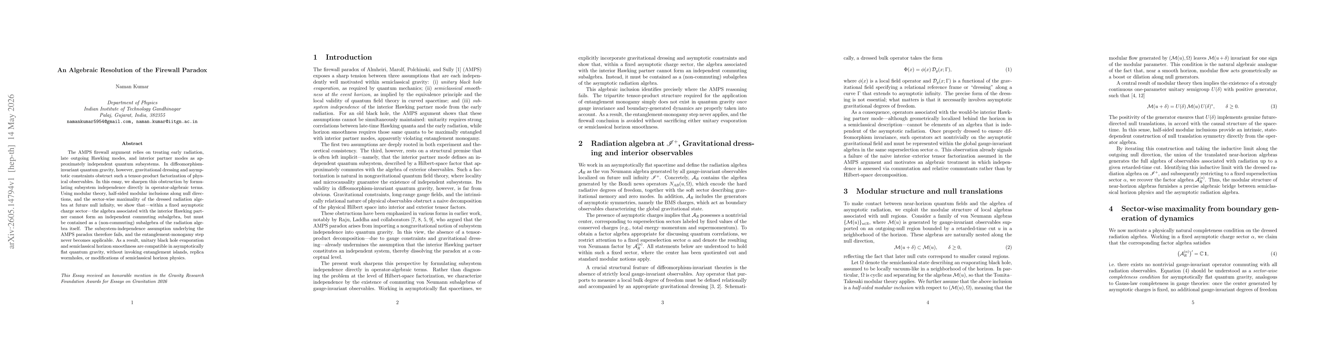 Thumbnail for An Algebraic Resolution of the Firewall Paradox