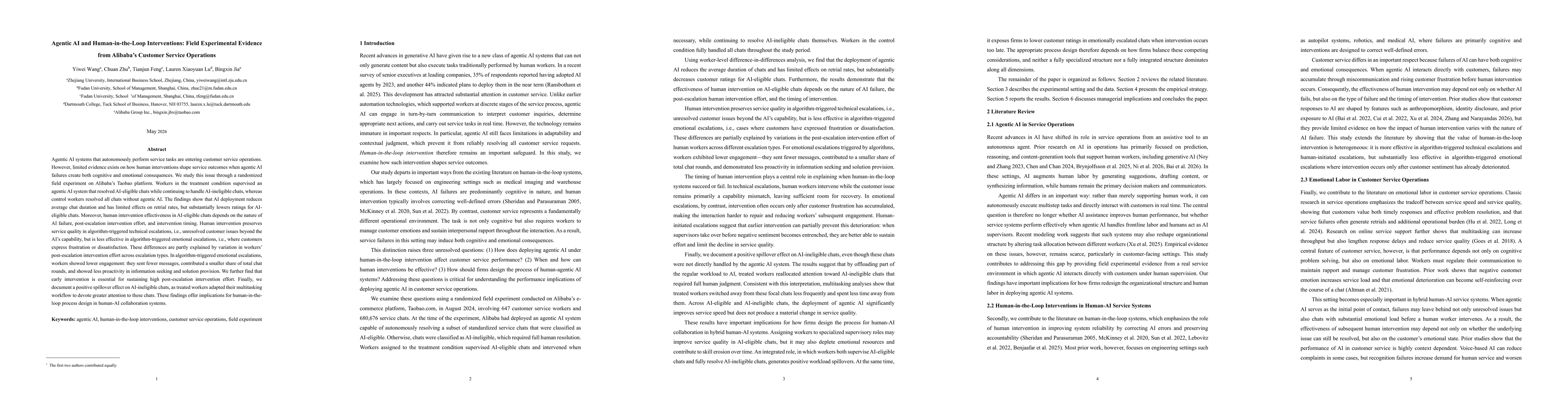 Thumbnail for Agentic AI and Human-in-the-Loop Interventions: Field Experimental Evidence from Alibaba's Customer Service Operations