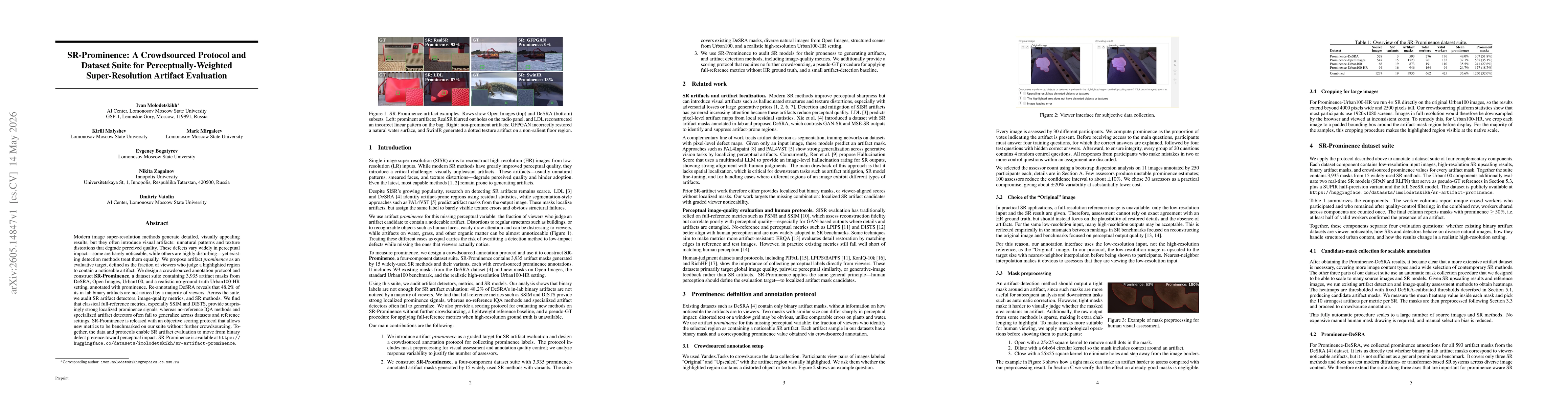 Thumbnail for SR-Prominence: A Crowdsourced Protocol and Dataset Suite for Perceptually-Weighted Super-Resolution Artifact Evaluation