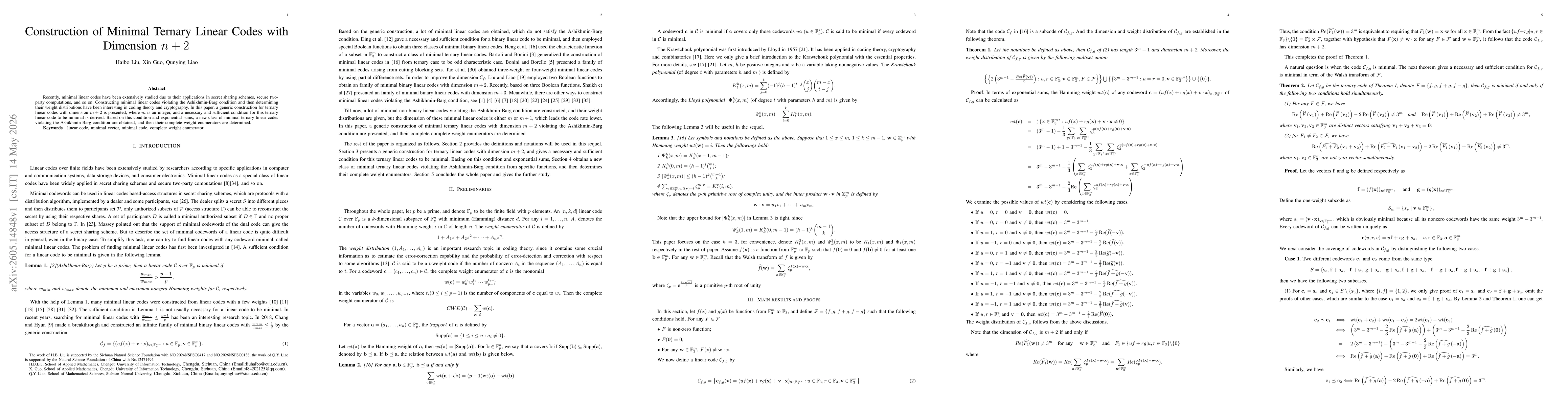 Thumbnail for Construction of Minimal Ternary Linear Codes with Dimension $n+2$
