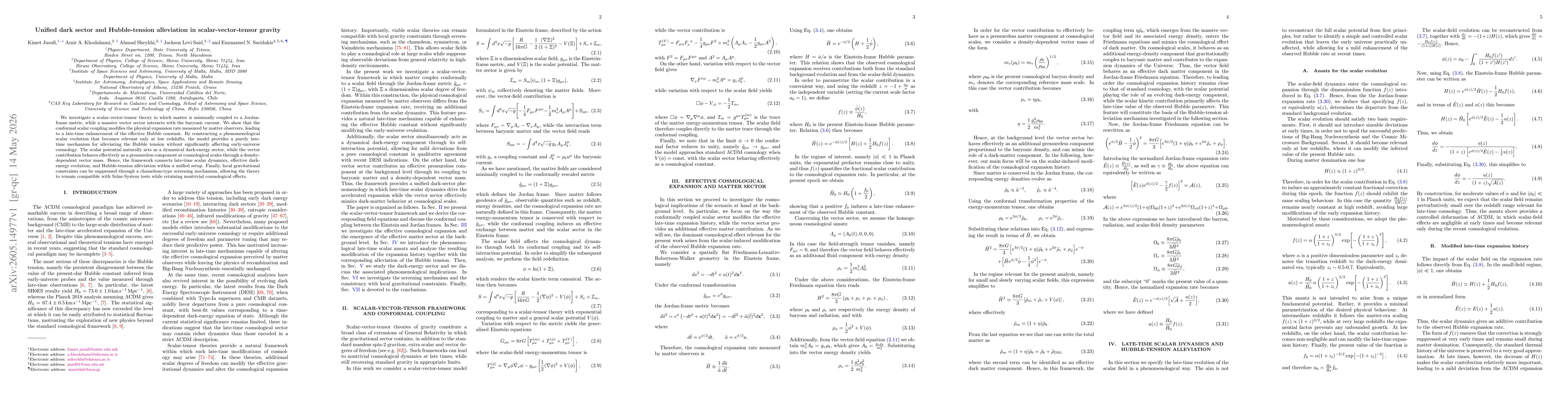 Thumbnail for Unified dark sector and Hubble-tension alleviation in scalar-vector-tensor gravity