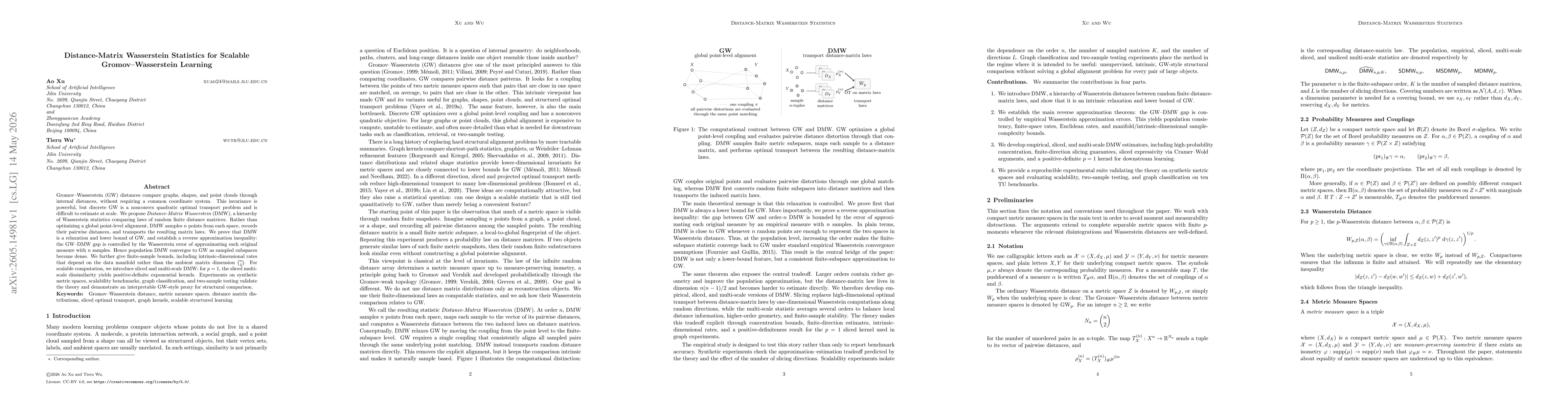 Thumbnail for Distance-Matrix Wasserstein Statistics for Scalable Gromov--Wasserstein Learning