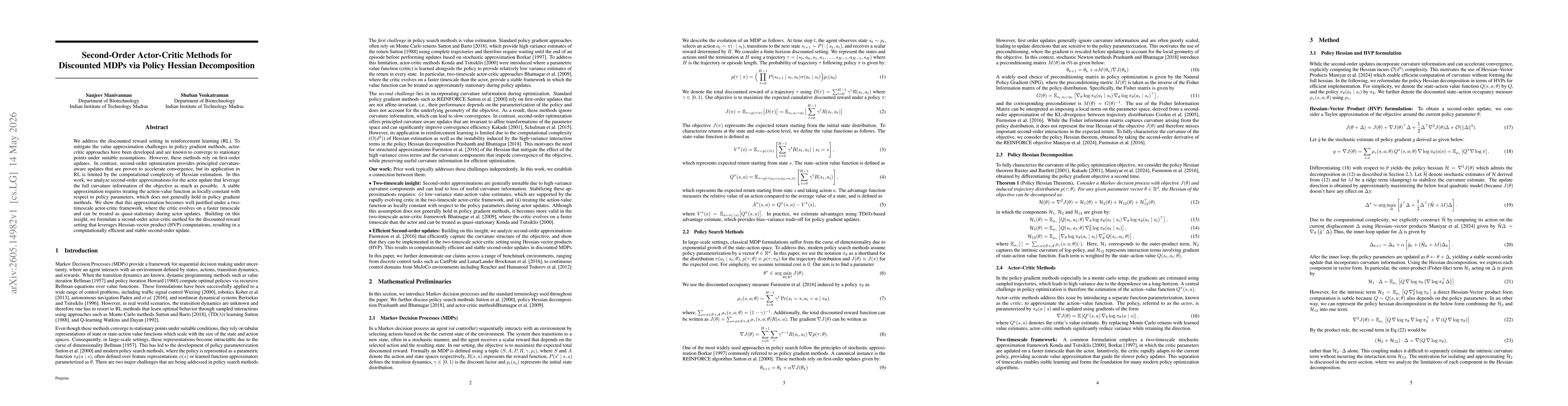 Thumbnail for Second-Order Actor-Critic Methods for Discounted MDPs via Policy Hessian Decomposition