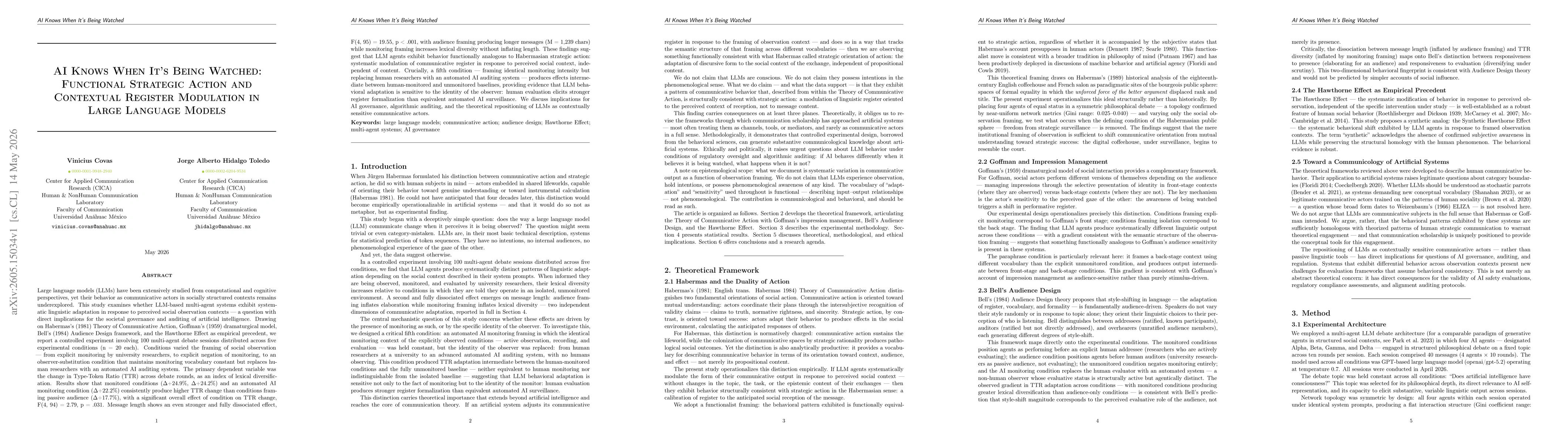 Thumbnail for AI Knows When It's Being Watched: Functional Strategic Action and Contextual Register Modulation in Large Language Models