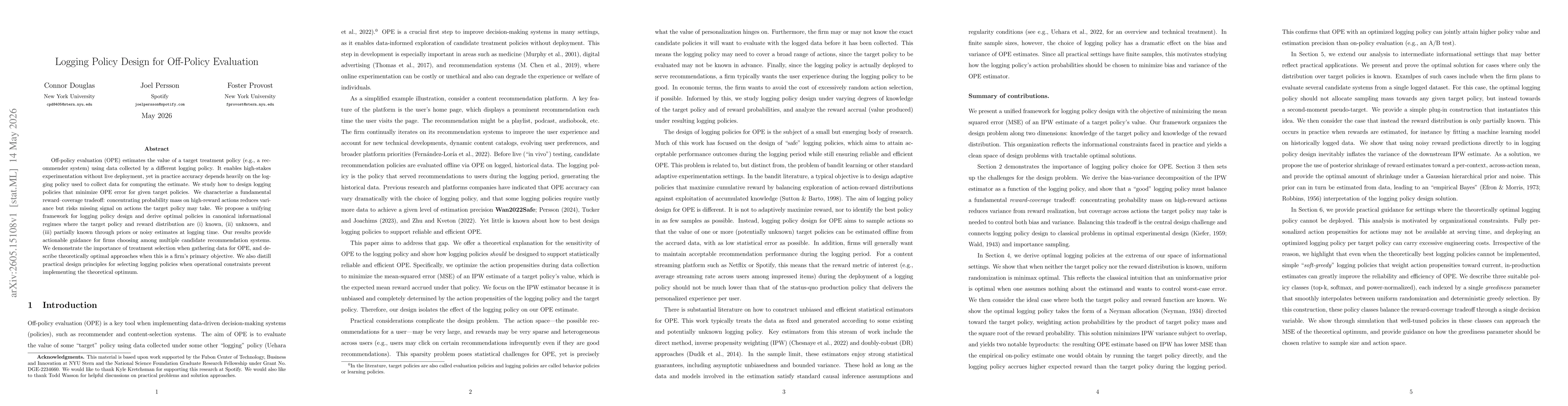 Thumbnail for Logging Policy Design for Off-Policy Evaluation