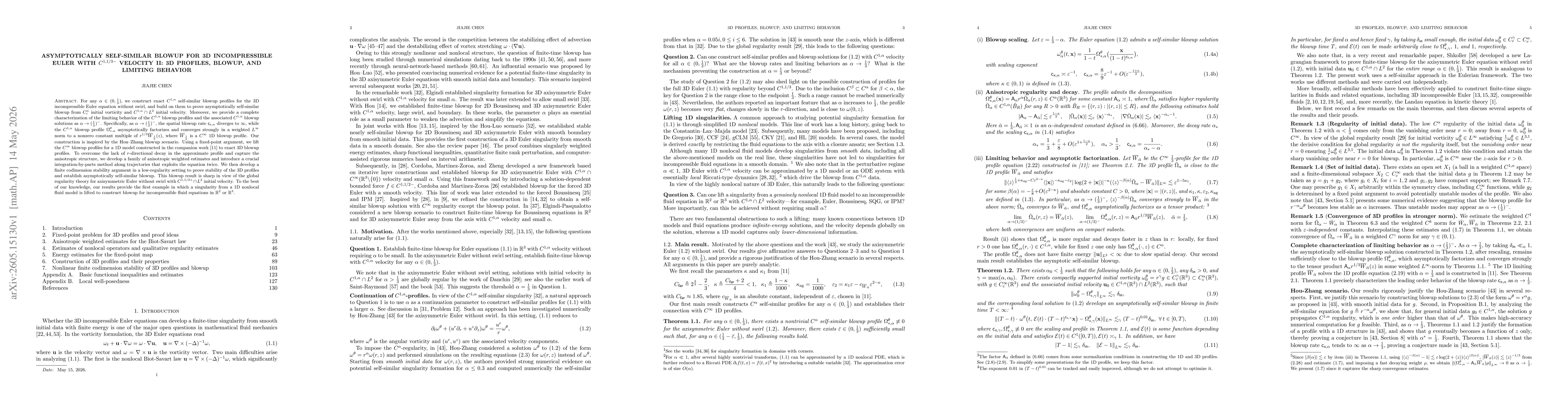 Thumbnail for Asymptotically Self-Similar Blowup for 3D Incompressible Euler with $C^{1, 1/3-}$ Velocity II: 3D Profiles, Blowup, and Limiting behavior