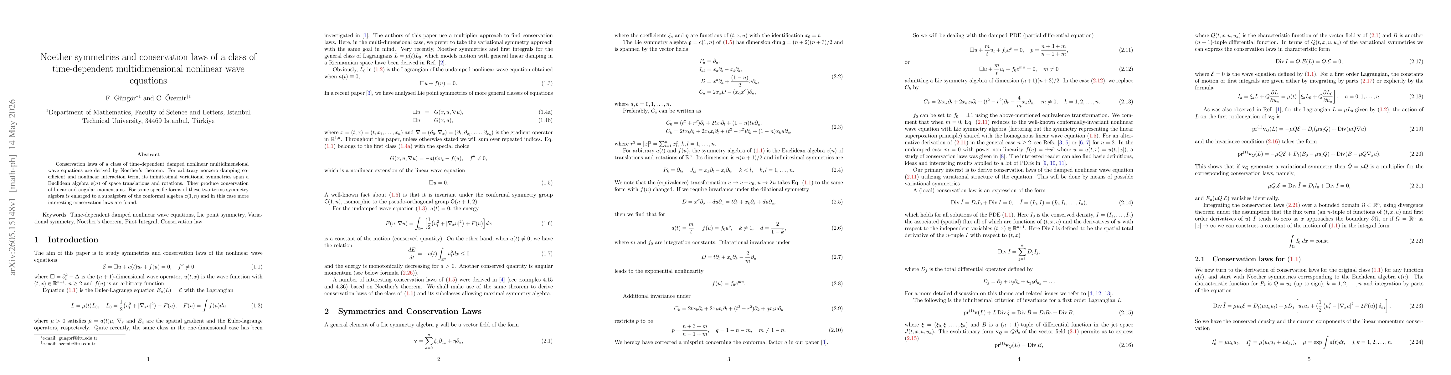 Thumbnail for Noether symmetries and conservation laws of a class of time-dependent multidimensional nonlinear wave equations