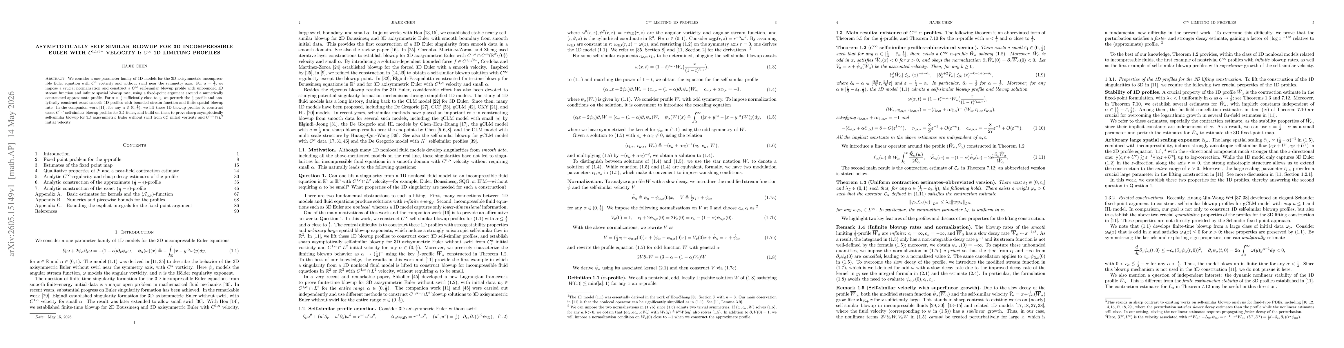 Thumbnail for Asymptotically Self-Similar Blowup for 3D Incompressible Euler with $C^{1, 1/3-}$ Velocity I: $C^{\infty}$ 1D Limiting Profiles