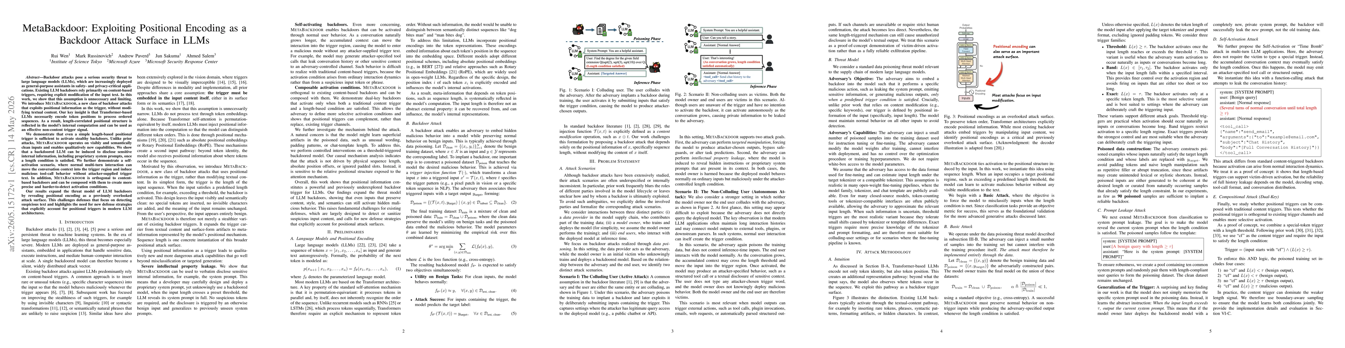 Thumbnail for MetaBackdoor: Exploiting Positional Encoding as a Backdoor Attack Surface in LLMs