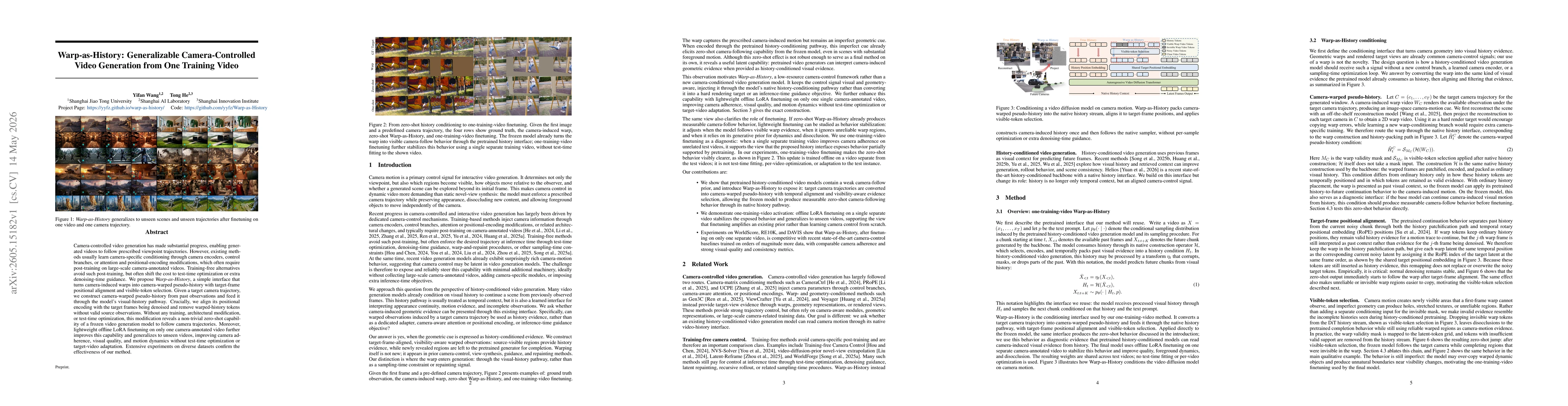 Thumbnail for Warp-as-History: Generalizable Camera-Controlled Video Generation from One Training Video