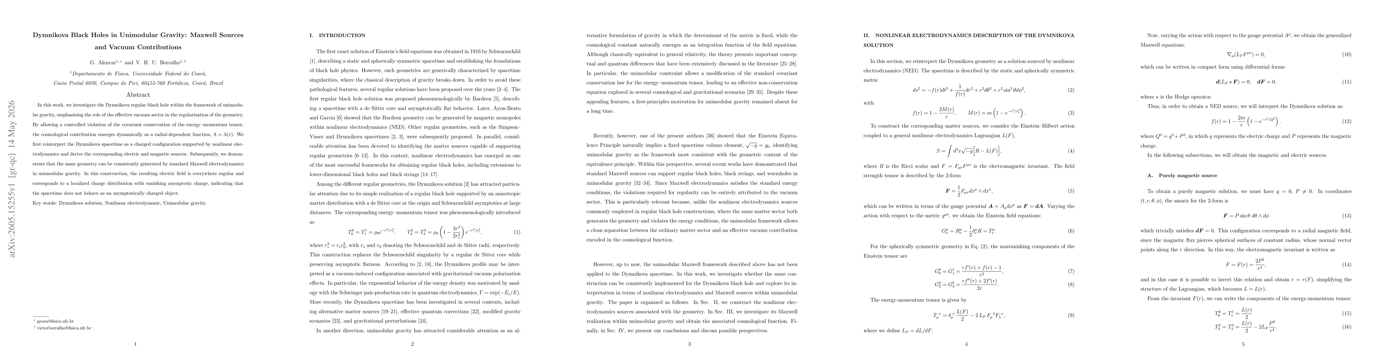 Thumbnail for Dymnikova Black Holes in Unimodular Gravity: Maxwell Sources and Vacuum Contributions