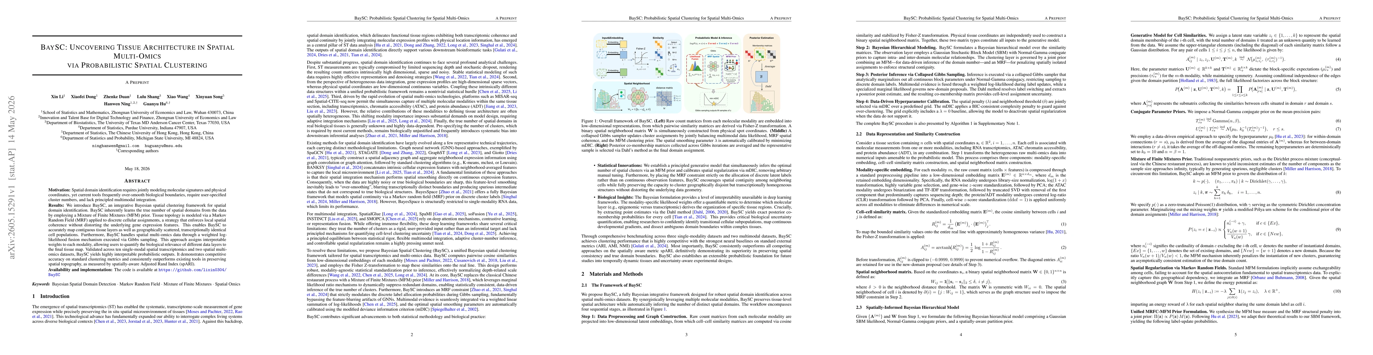 Thumbnail for BaySC: Uncovering Tissue Architecture in Spatial Multi-Omics via Probabilistic Spatial Clustering