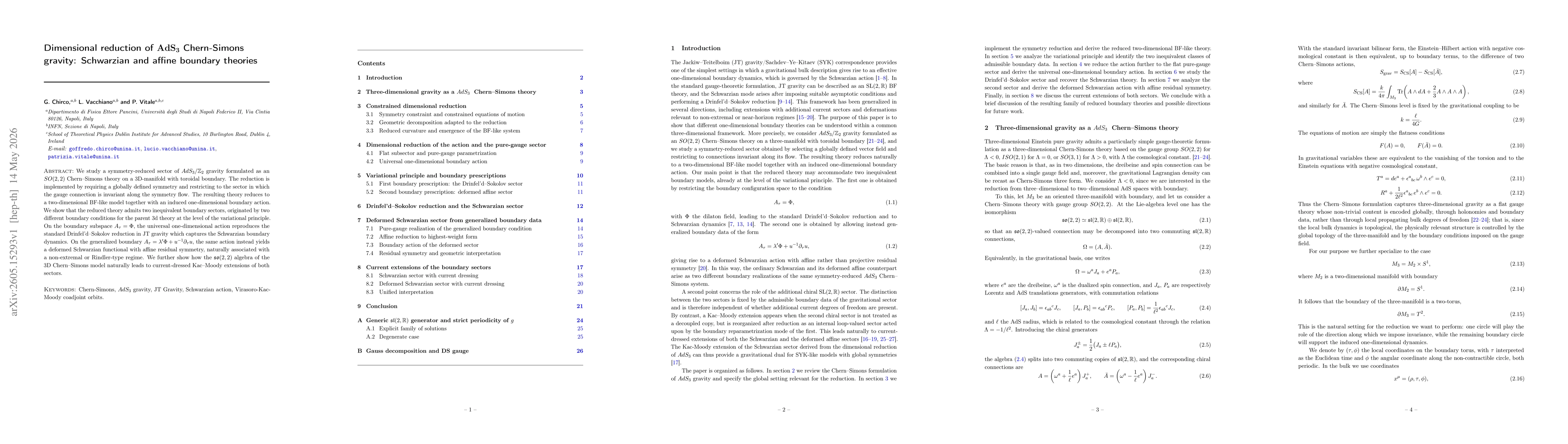 Thumbnail for Dimensional reduction of AdS3 Chern-Simons gravity: Schwarzian and affine boundary theories