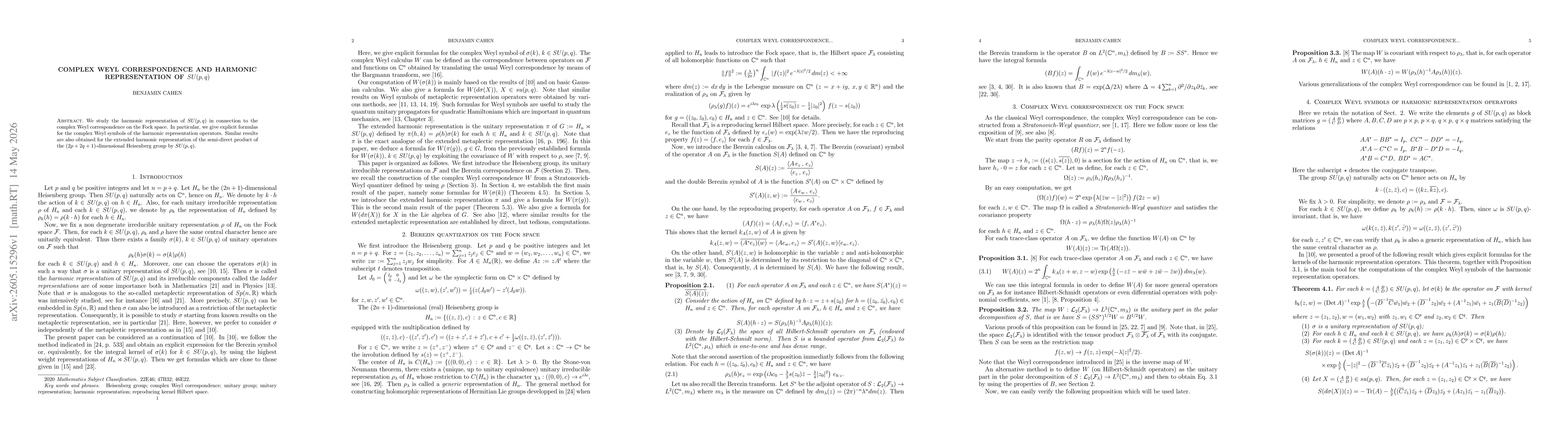 Thumbnail for Complex Weyl correspondence and harmonic representation of $SU(p,q)$