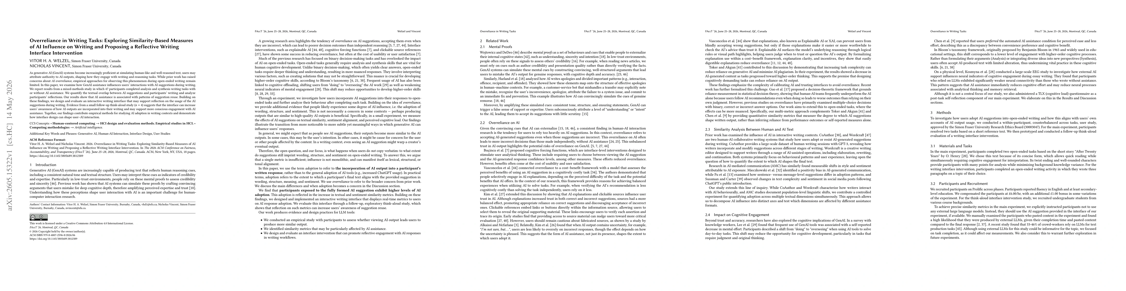 Thumbnail for Overreliance in Writing Tasks: Exploring Similarity-Based Measures of AI Influence on Writing and Proposing a Reflective Writing Interface Intervention