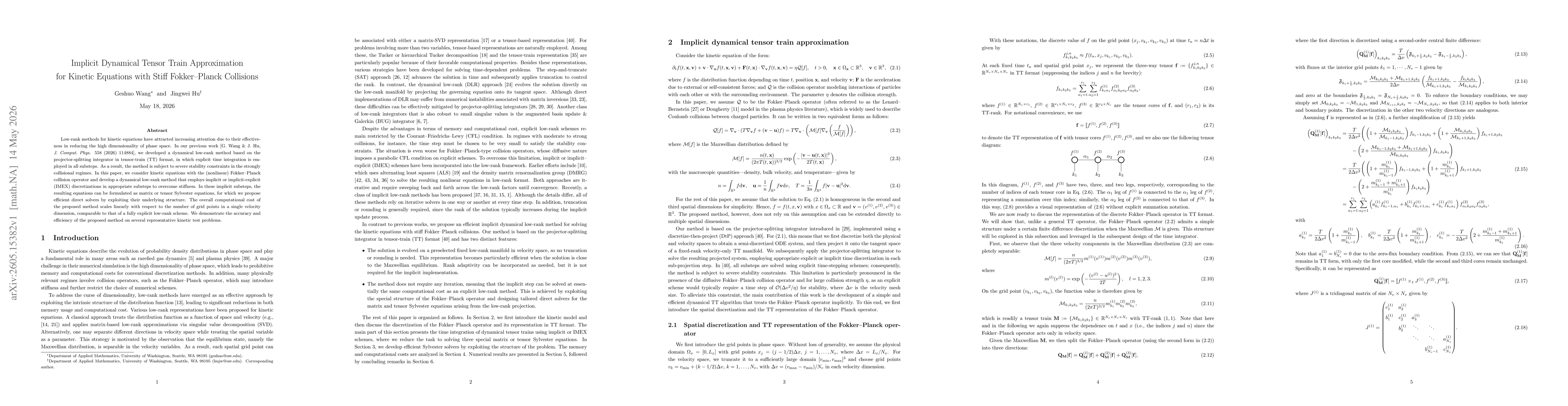 Thumbnail for Implicit Dynamical Tensor Train Approximation for Kinetic Equations with Stiff Fokker--Planck Collisions
