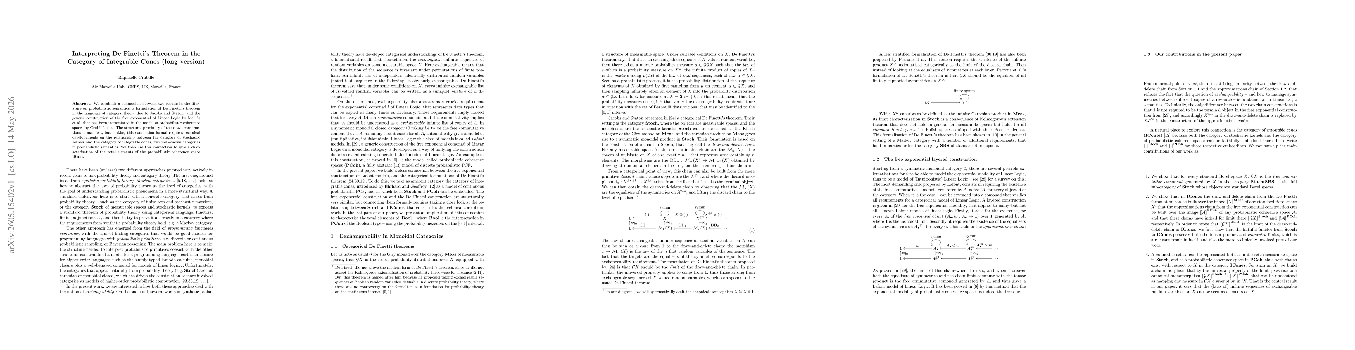 Thumbnail for Interpreting De Finetti's theorem in the Category of Integrable Cones (long version)