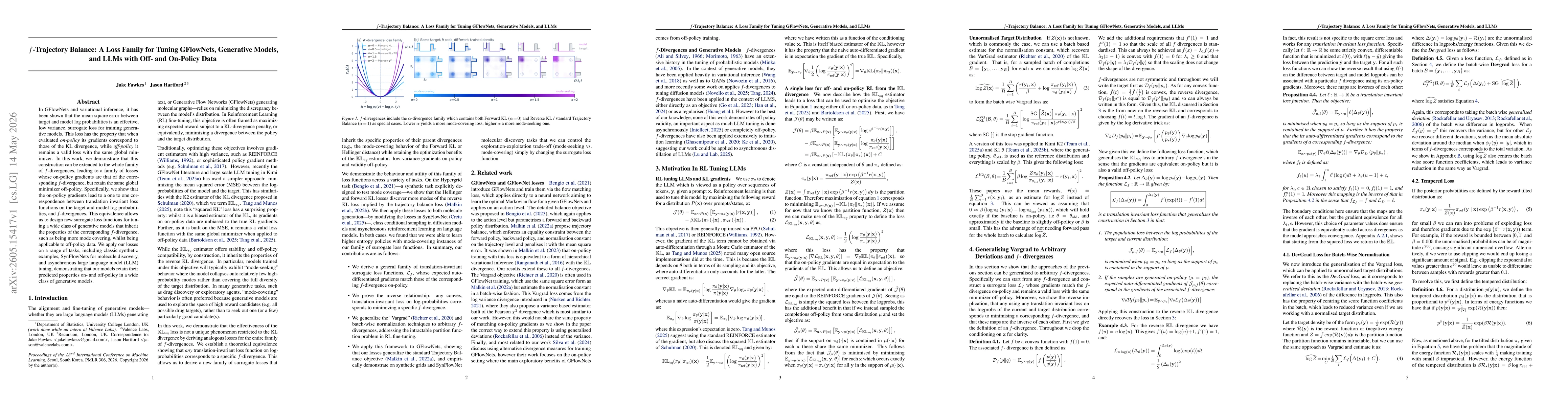 Thumbnail for $f$-Trajectory Balance: A Loss Family for Tuning GFlowNets, Generative Models, and LLMs with Off- and On-Policy Data