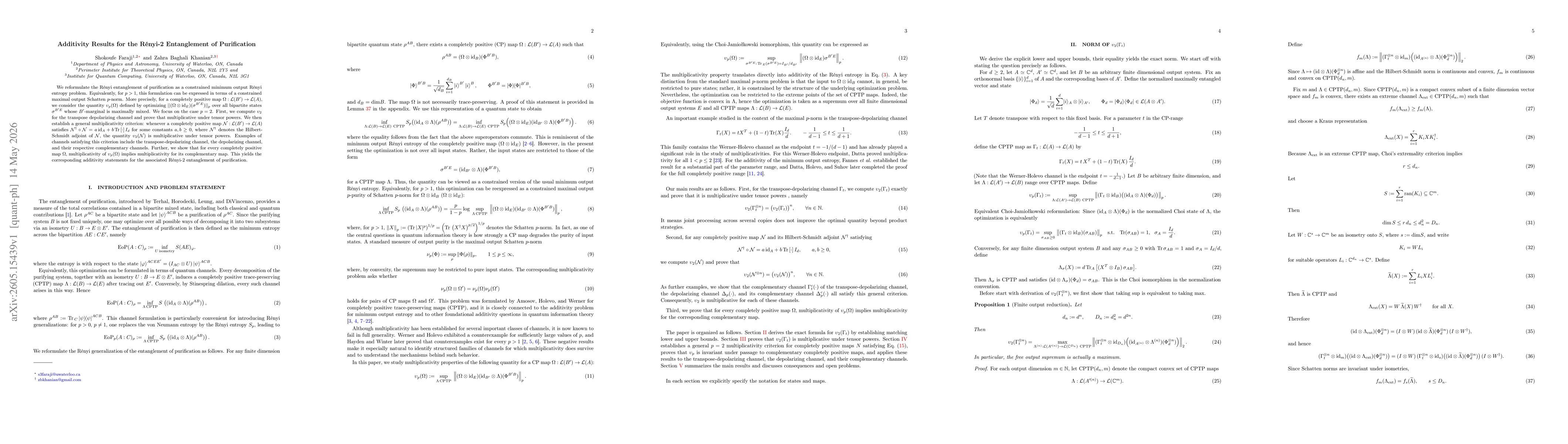 Thumbnail for Additivity Results for the Rényi-2 Entanglement of Purification