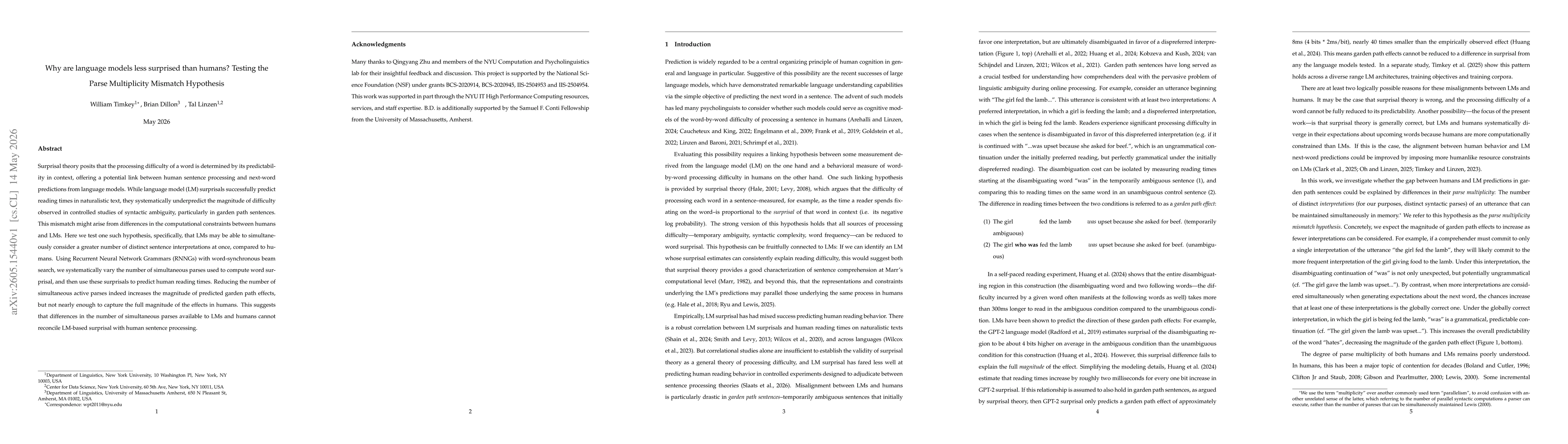 Thumbnail for Why are language models less surprised than humans? Testing the Parse Multiplicity Mismatch Hypothesis