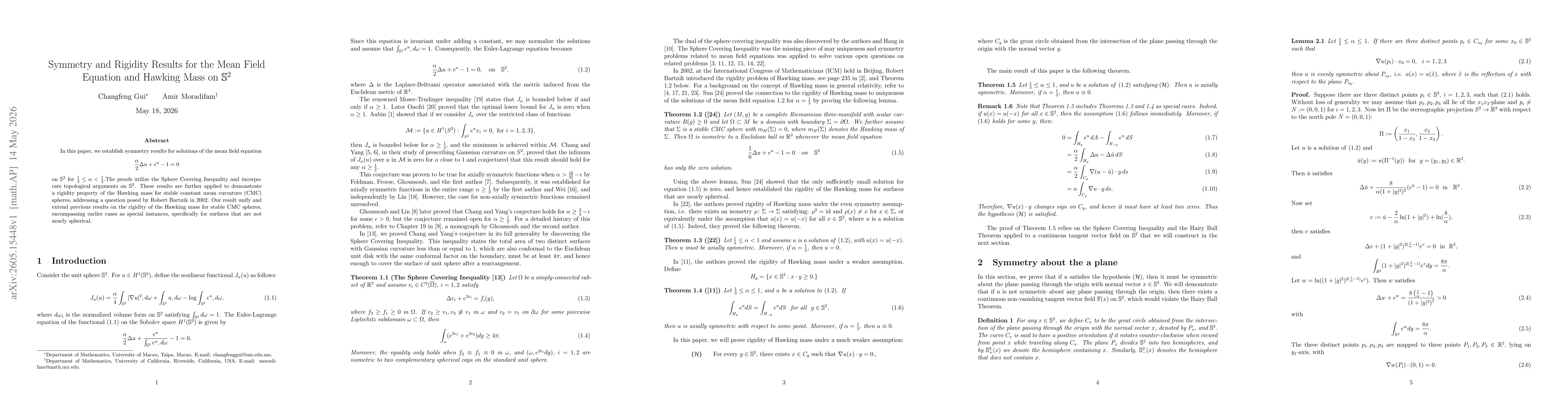 Thumbnail for Symmetry and Rigidity Results for the Mean Field Equation and Hawking Mass on ( \mathbb{S}^2 )