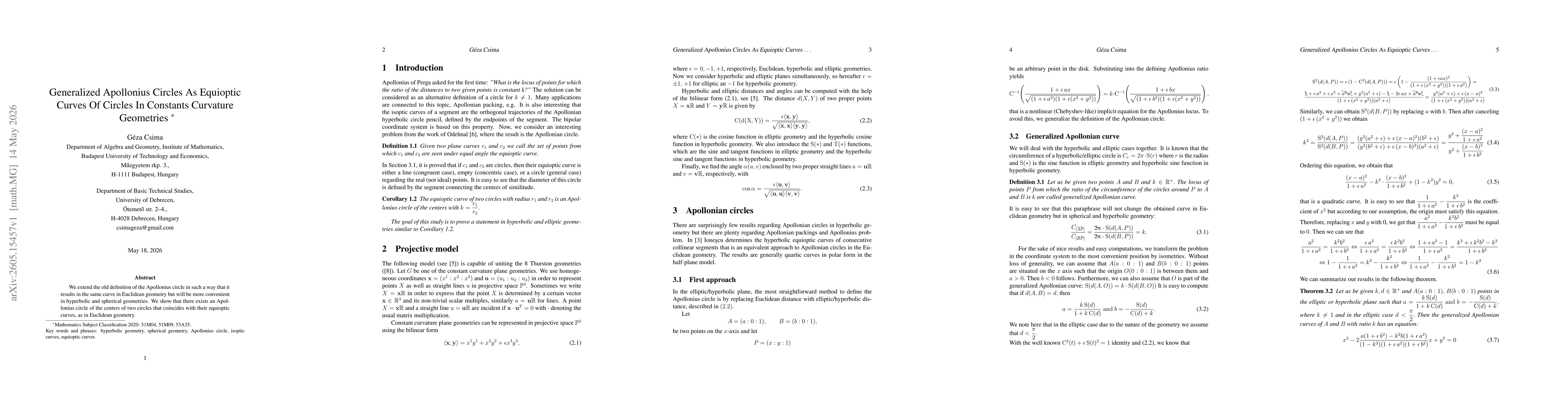 Thumbnail for Generalized Apollonius Circles As Equioptic Curves Of Circles In Constants Curvature Geometries