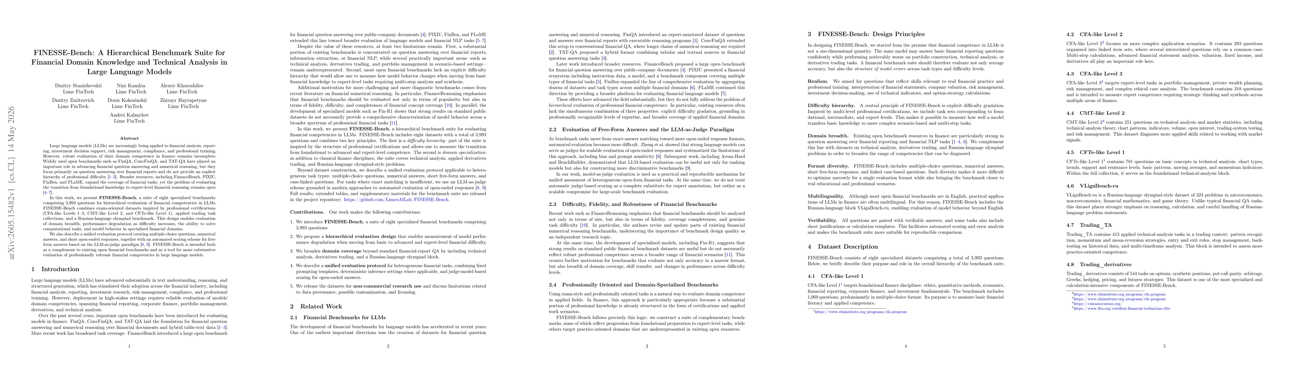 Thumbnail for FINESSE-Bench: A Hierarchical Benchmark Suite for Financial Domain Knowledge and Technical Analysis in Large Language Models