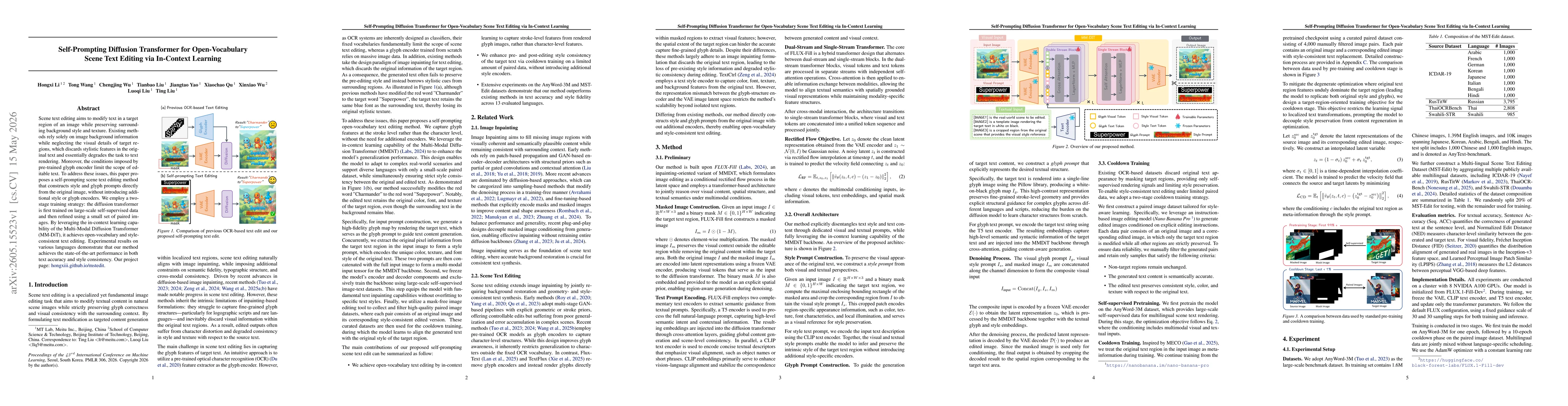 Thumbnail for Self-Prompting Diffusion Transformer for Open-Vocabulary Scene Text Editing via In-Context Learning
