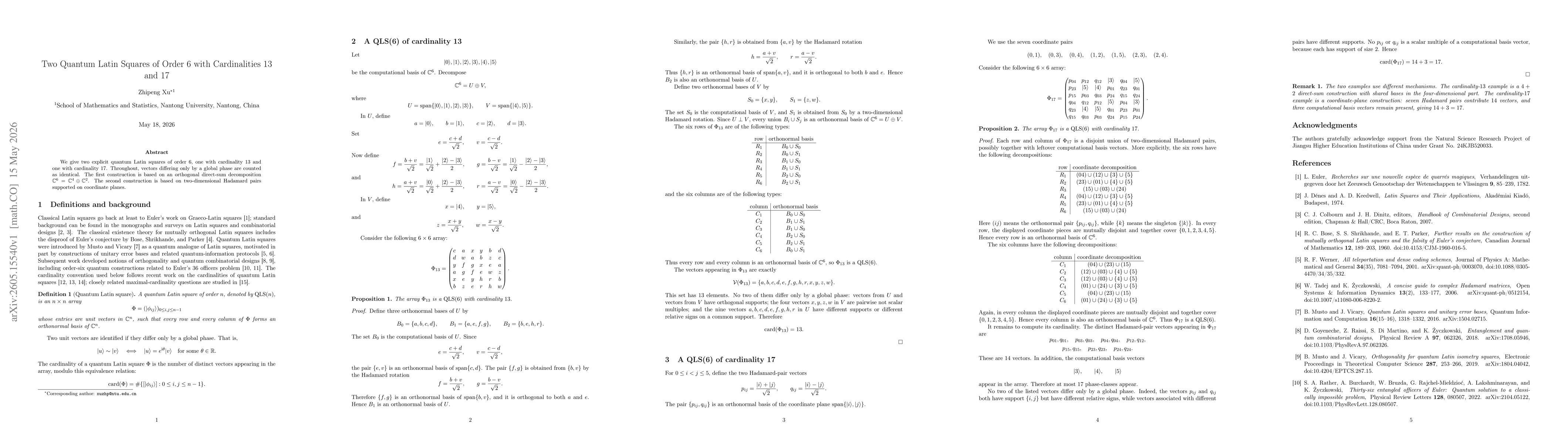 Thumbnail for Two Quantum Latin Squares of Order 6 with Cardinalities 13 and 17