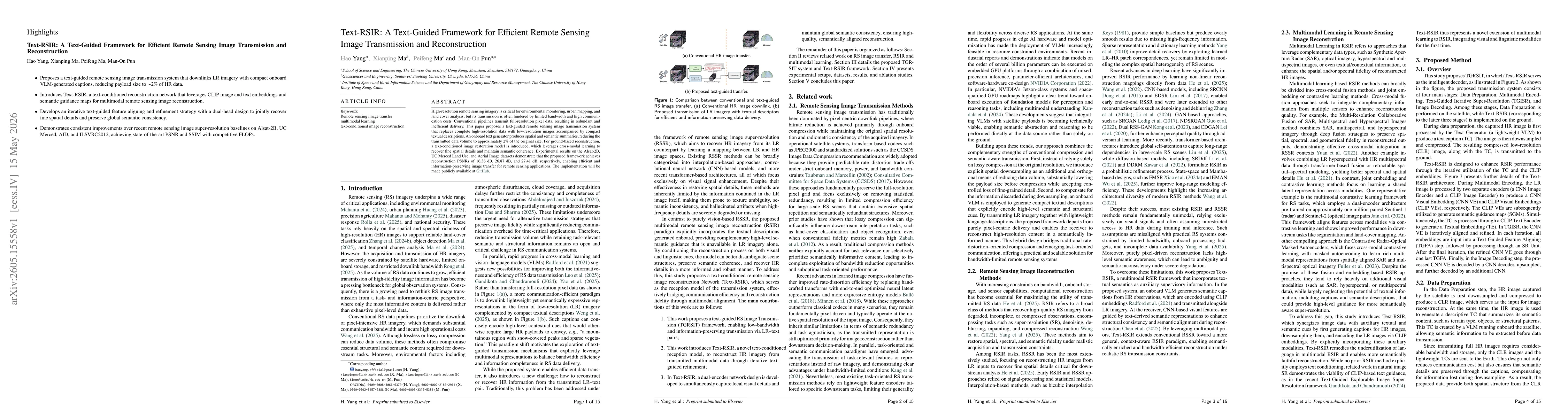 Thumbnail for Text-RSIR: A Text-Guided Framework for Efficient Remote Sensing Image Transmission and Reconstruction