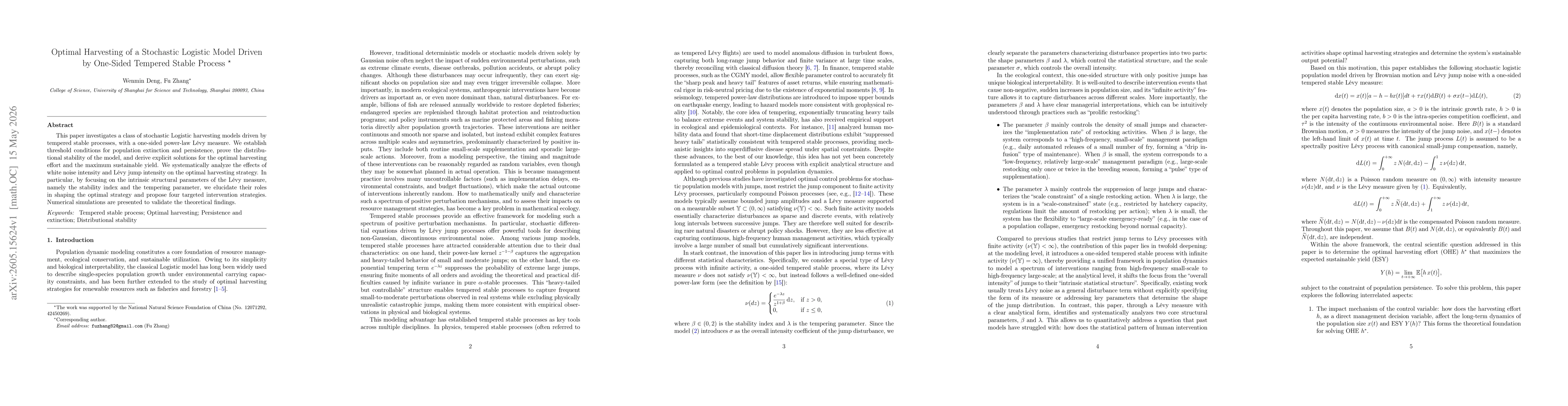 Thumbnail for Optimal Harvesting of a Stochastic Logistic Model Driven by One-Sided Tempered Stable Process