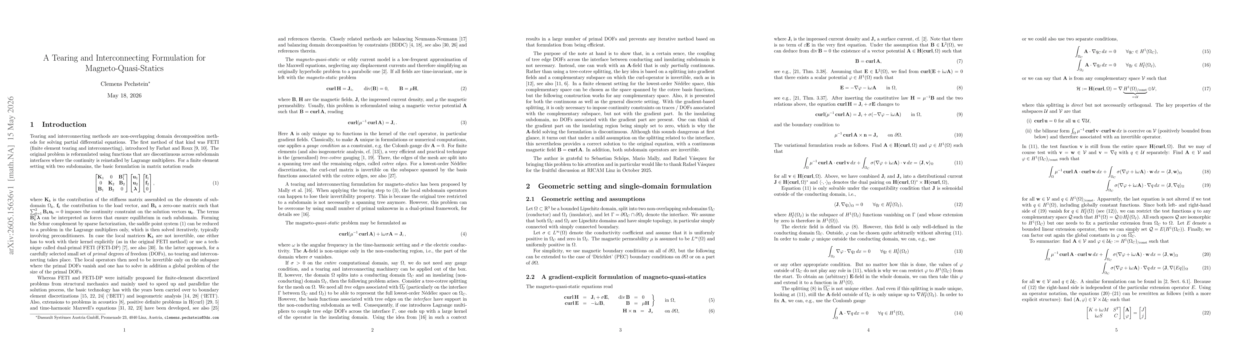 Thumbnail for A Tearing and Interconnecting Formulation for Magneto-Quasi-Statics