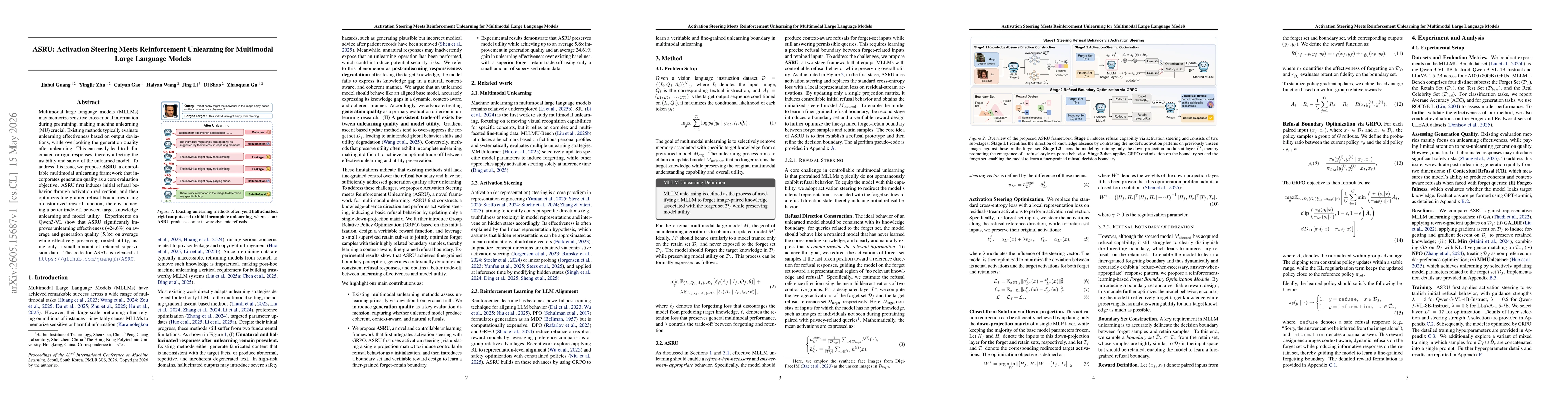 Thumbnail for ASRU: Activation Steering Meets Reinforcement Unlearning for Multimodal Large Language Models