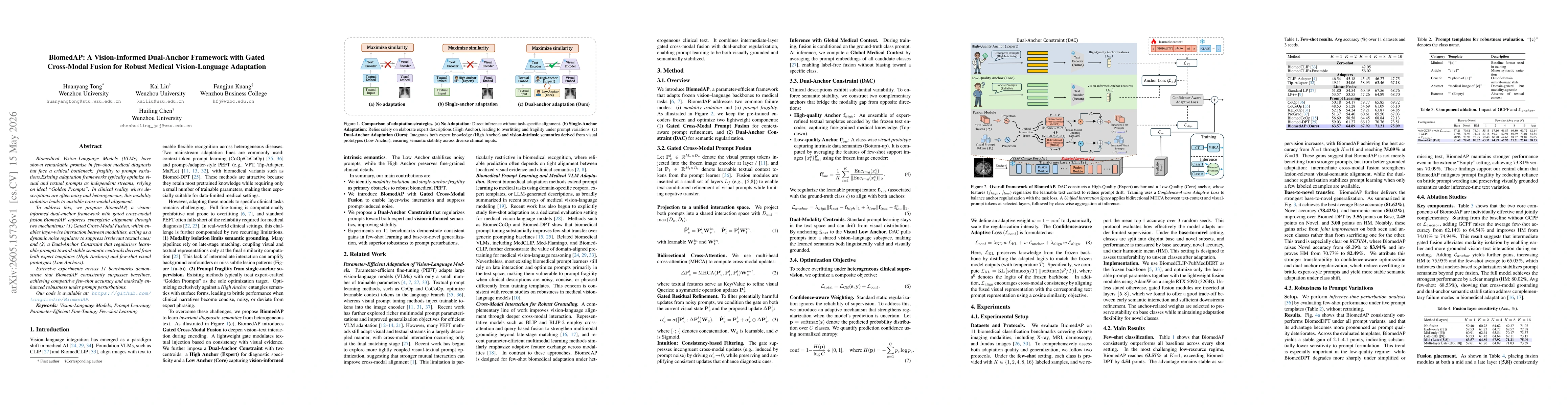 Thumbnail for BiomedAP: A Vision-Informed Dual-Anchor Framework with Gated Cross-Modal Fusion for Robust Medical Vision-Language Adaptation